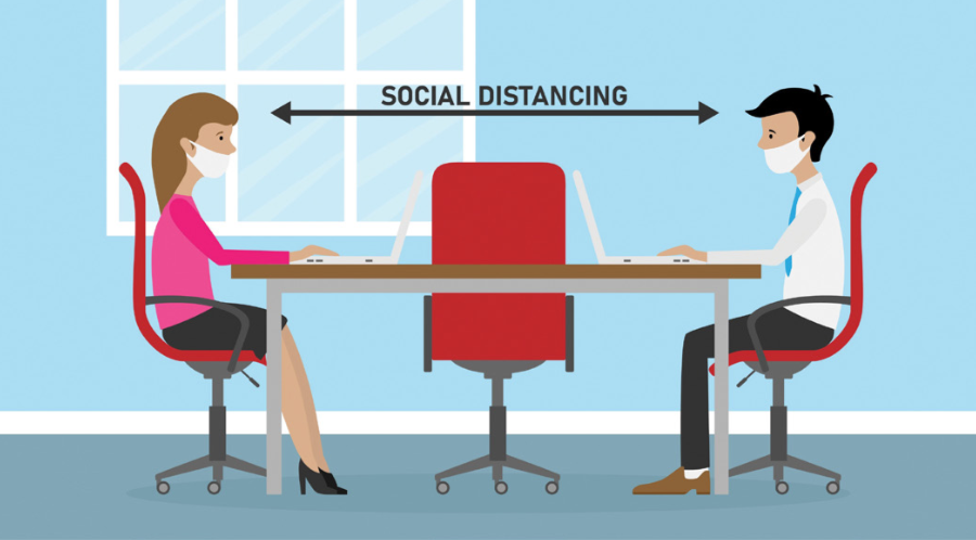 Illustration of a man and woman social distancing while sitting at a table.