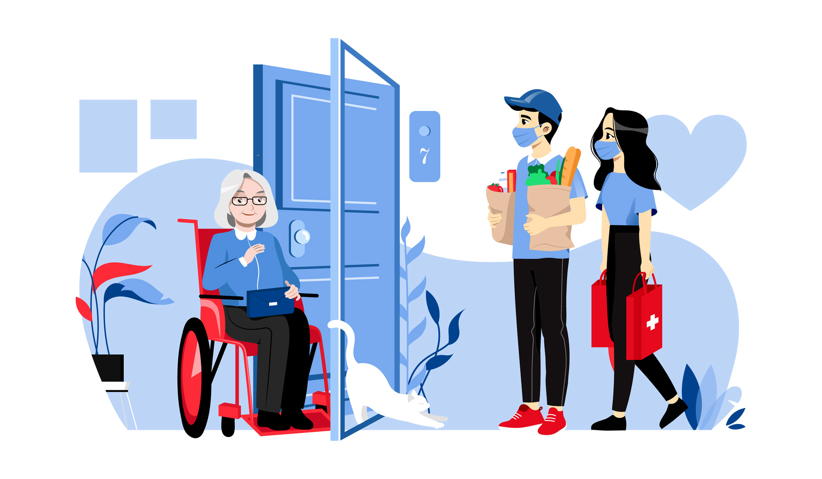 Illustration of two people delivering groceries to an older woman in a wheelchair.