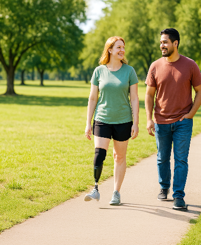 A woman with a prosthetic leg and a man walk along a path on a sunny day