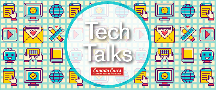 Graphic logo with retro tech symbols and the words Tech Talks in a circle above the Canada Cares Awards Logo, greens, blues, yellow, teal, and pink accents